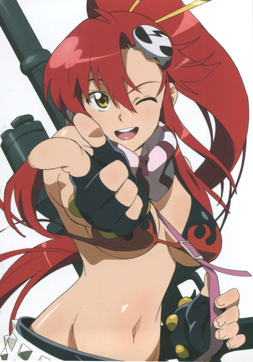 artist_request bikini_top gloves gun highres long_hair ponytail red_hair scan solo tengen_toppa_gurren_lagann weapon yellow_eyes yoko_littner