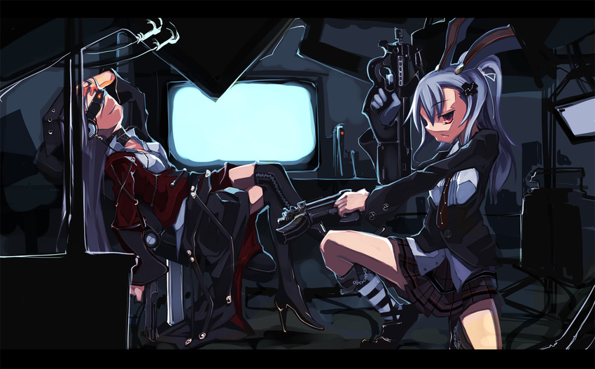 alternate_costume animal_ears boots bullpup bunny_ears gun high_heels multiple_girls necktie p90 ponytail red_eyes reisen_udongein_inaba shimadoriru shoes skirt submachine_gun thigh_boots thighhighs touhou weapon yagokoro_eirin