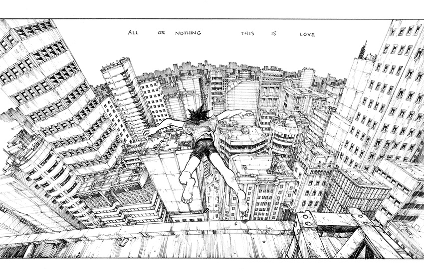 artist_request cityscape copyright_request greyscale jumping monochrome perspective rooftop scenery solo