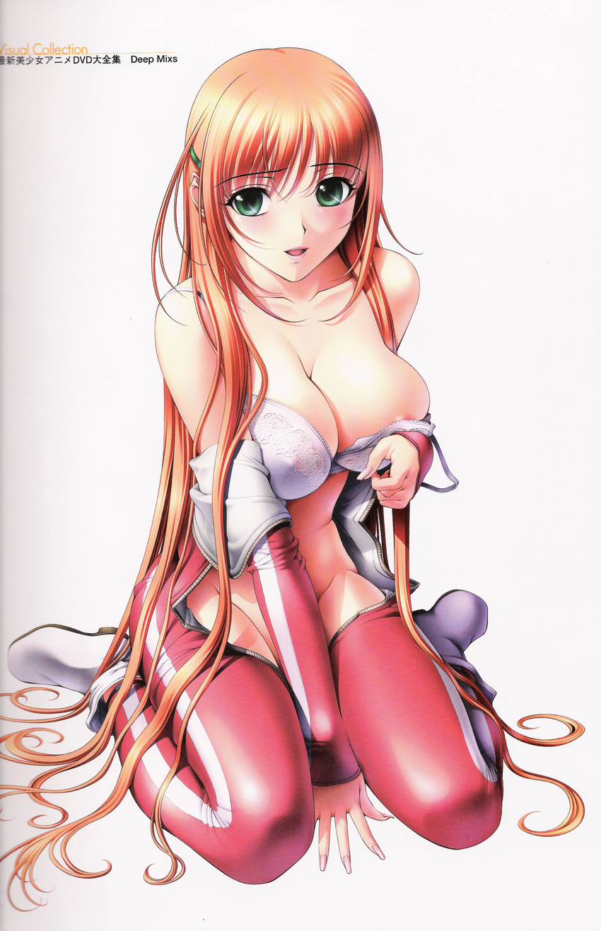 akibakei_kanojo aoi_ren bodysuit boots bra breasts cleavage cosplay green_eyes hair_ornament hairclip highres large_breasts lingerie long_hair nipple_slip nipples no_panties non-web_source pink_hair red_bodysuit sano_toshihide scan solo strap_slip underwear undressing unzipped very_long_hair