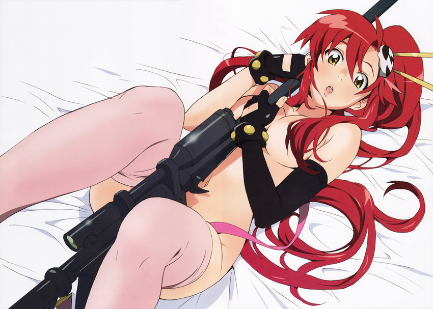 :o absurdres anti-materiel_rifle artist_request bed bed_sheet blush breasts convenient_censoring elbow_gloves gloves gun hair_censor hair_ornament hair_over_breasts hair_stick highres long_hair looking_at_viewer lying medium_breasts navel nude official_art on_back open_mouth pink_legwear ponytail red_hair rifle sniper_rifle solo tengen_toppa_gurren_lagann thighhighs weapon yellow_eyes yoko_littner