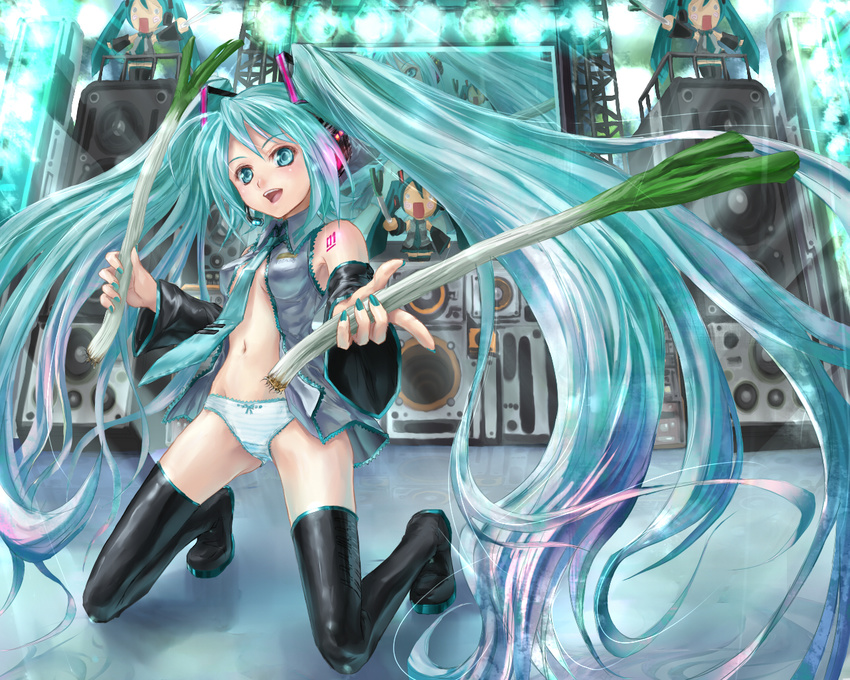 bad_id bad_pixiv_id bare_shoulders boots detached_sleeves green_eyes green_hair hatsune_miku headset kneeling long_hair necktie open_clothes open_shirt panties phase shirt solo spring_onion striped striped_panties thigh_boots thighhighs twintails underwear very_long_hair vocaloid