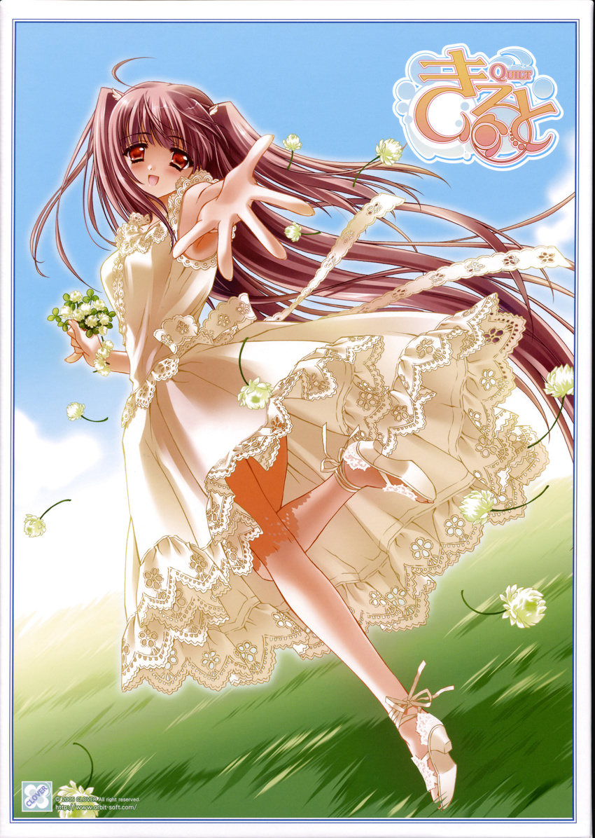:d absurdres ahoge airi_(quilt) blush carnelian clover clover_(flower) day dress dutch_angle flower full_body hands highres lace lace-trimmed_dress leg_up long_hair looking_at_viewer open_mouth outdoors outstretched_arm outstretched_hand quilt_(game) reaching sandals scan sky smile solo two_side_up very_long_hair white_dress