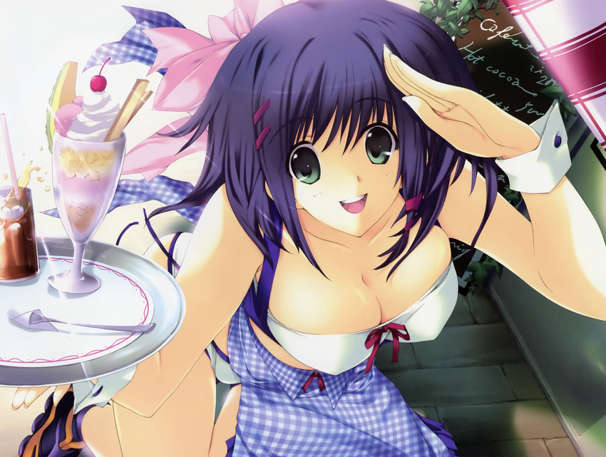 apron blue_sarong breasts cherry cleavage copyright_request covered_nipples drinking_straw food fruit green_eyes highres ice_cream iizuki_tasuku large_breasts open_mouth plaid plaid_sarong purple_hair ribbon salute sarong short_hair solo spoon thigh_gap tray waitress wrist_cuffs