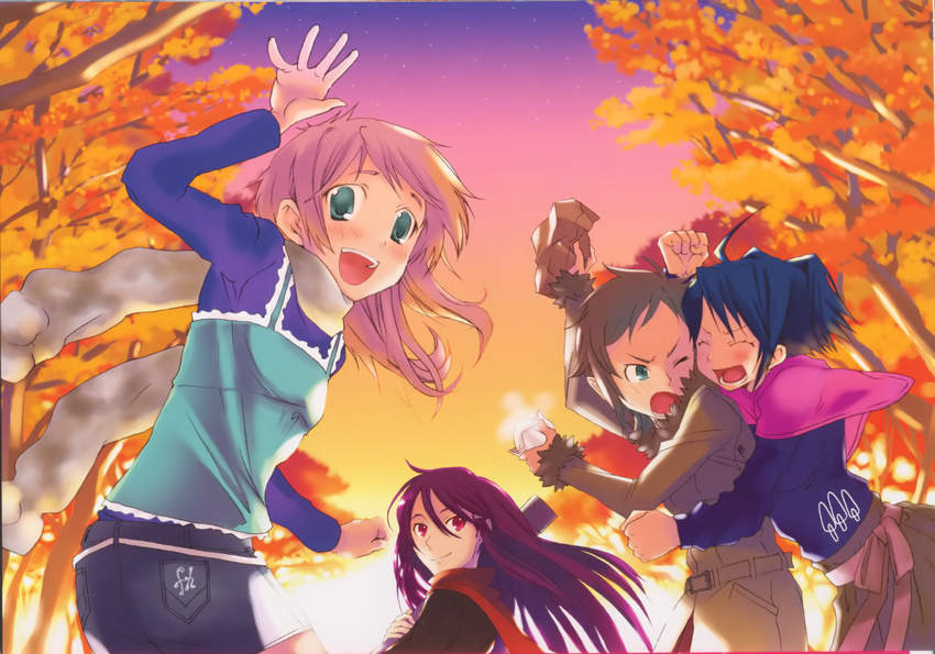 autumn blush happy highres kazakami_shun leaf magi-cu multiple_girls scan scarf smile waving