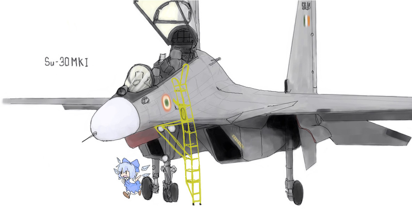 aircraft airplane artist_request chibi cirno fighter_jet jet military military_vehicle solo su-30 touhou wings