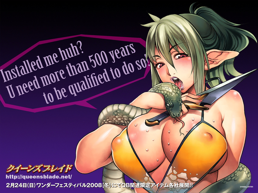 alternate_costume areola_slip areolae bangs bare_shoulders black_hair blue_background blush body_blush breasts bursting_breasts cleavage copyright_name covered_nipples dagger echidna english engrish f.s. fingernails gradient gradient_background gradient_hair hair_between_eyes high_ponytail highres holding keltan large_breasts licking lipstick long_fingernails long_hair long_pointy_ears looking_at_viewer makeup multicolored_hair nail_polish number official_art open_mouth over_shoulder pink_nails pointy_ears ponytail purple_lipstick queen's_blade ranguage red_eyes saliva sidelocks silver_hair skindentation snake snakeskin_print solo speech_bubble sweat tongue tongue_out translation_request two-tone_hair underboob upper_body wallpaper watermark weapon weapon_over_shoulder web_address