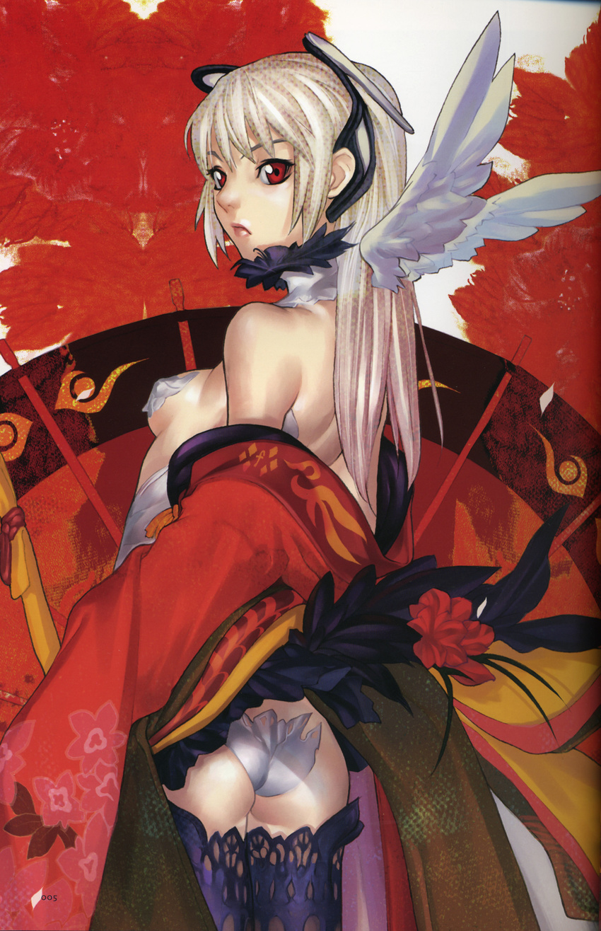 absurdres ass bakuretsu_tenshi blonde_hair breasts hakua_ugetsu highres jo_(bakuretsu_tenshi) long_hair medium_breasts red_eyes scan solo thighhighs wings