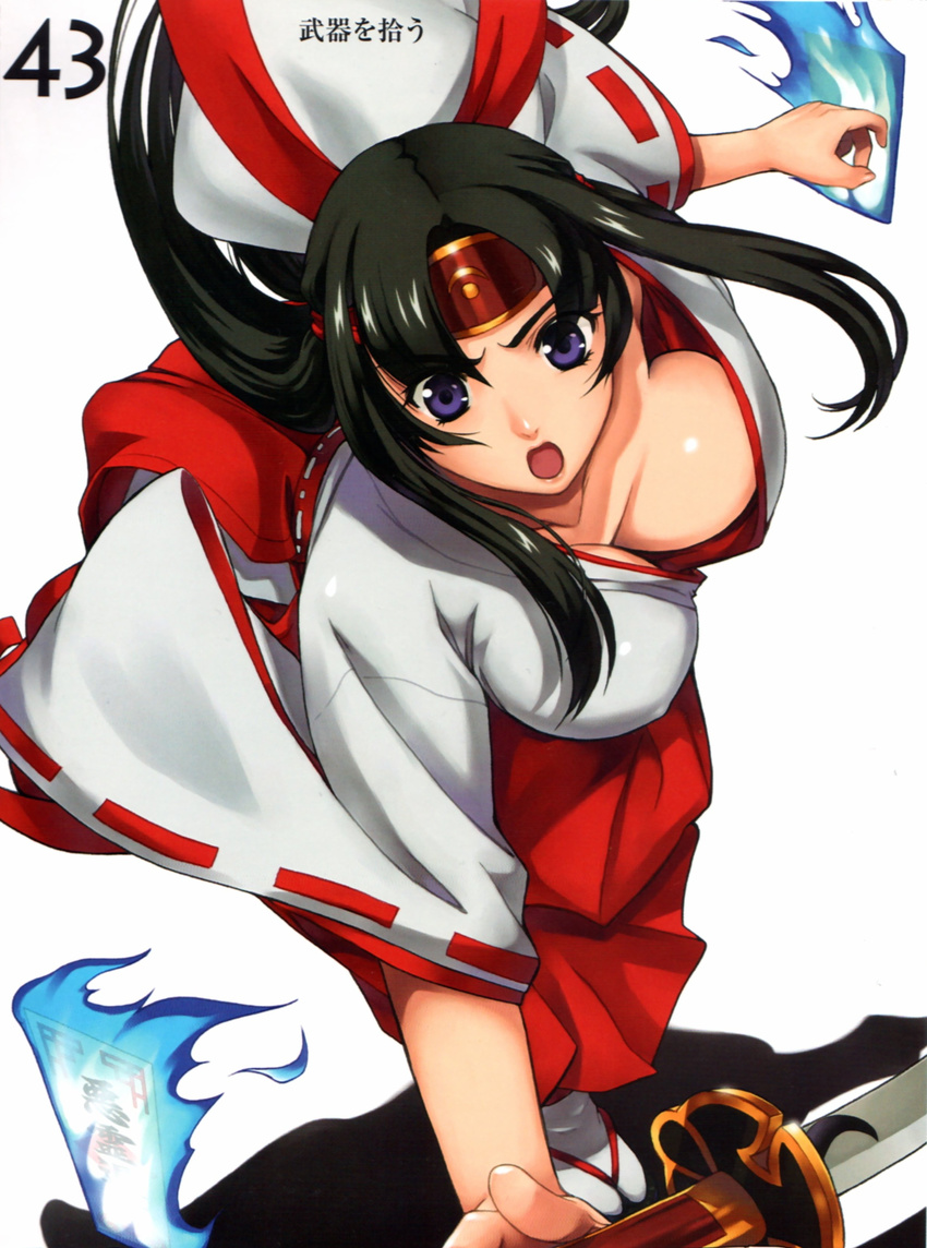 absurdres black_hair breasts downblouse duplicate eiwa hakama headband highres japanese_clothes kimono large_breasts long_hair miko ofuda open_mouth purple_eyes queen's_blade red_hakama solo sword tomoe weapon
