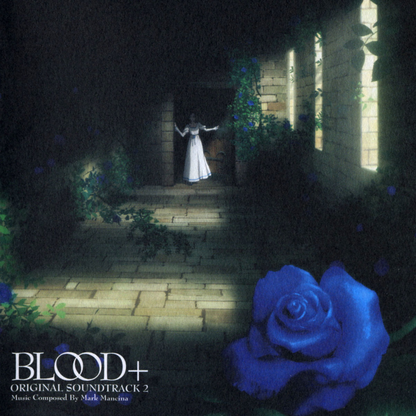 artist_request blood+ blue_flower blue_rose diva_(blood+) dress flower highres official_art rose scan scan_artifacts solo