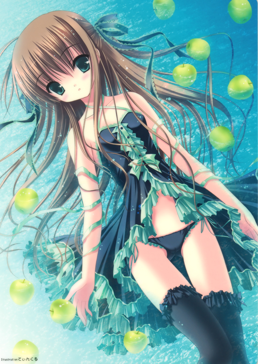 absurdres apple blush brown_hair copyright_request dress food fruit green_eyes highres huge_filesize long_hair lowleg lowleg_panties panties ribbon scan solo thighhighs tinker_bell underwear water