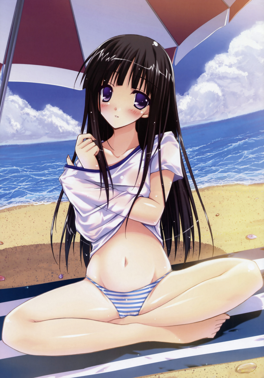 absurdres artist_request barefoot beach blush brown_hair day highres indian_style kusanagi_yukino ocean panties pastel purple_eyes sitting smile solo striped striped_panties underwear undressing wet wet_clothes
