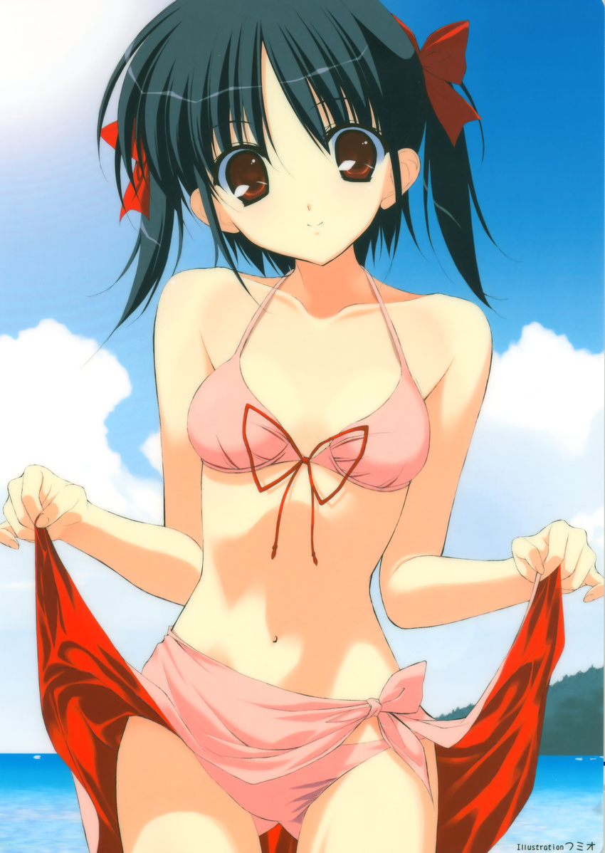 absurdres beach bikini black_hair blush breasts brown_eyes cloud day front-tie_top fumio_(ura_fmo) hair_ribbon highres multicolored multicolored_sarong navel original outdoors pink_bikini pink_sarong red_eyes red_sarong ribbon sarong sarong_lift short_hair sky small_breasts solo sun swimsuit twintails