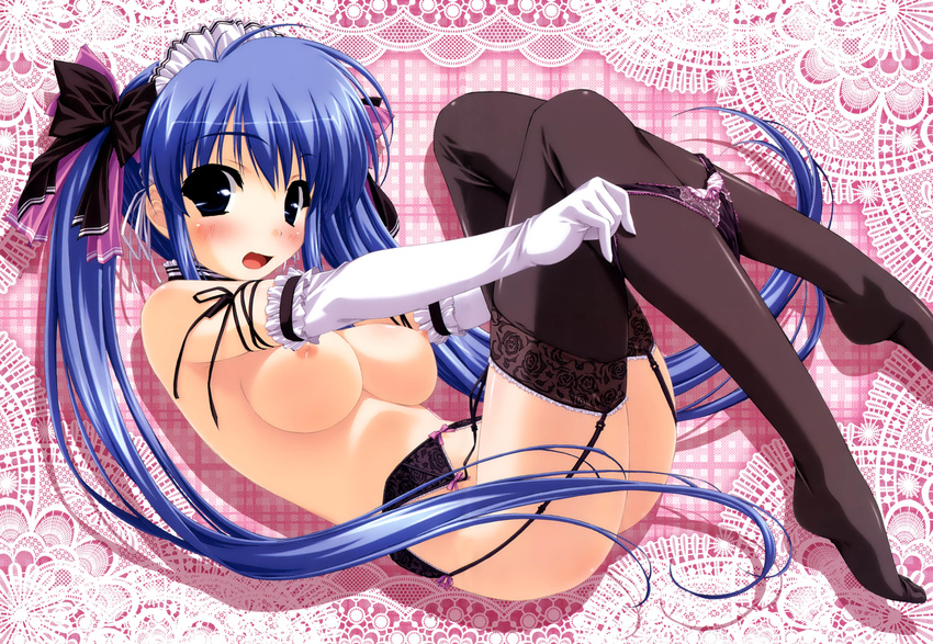 absurdres black_eyes blue_hair blush breasts elbow_gloves garter_belt gloves highres kamipani! kujou_amane large_breasts lingerie long_hair nipples nude panties panty_pull plantar_flexion ribbon shintarou solo thighhighs topless twintails underwear undressing