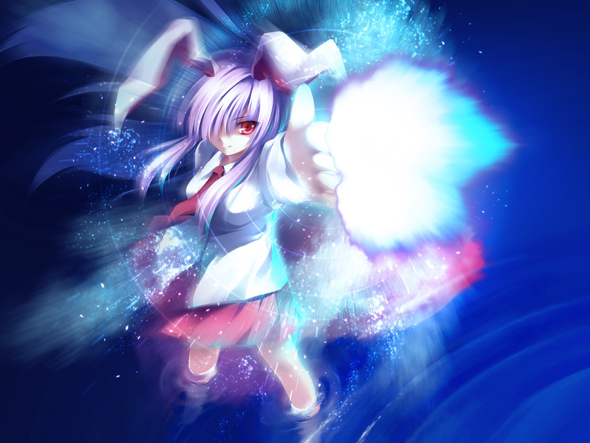 animal_ears arm_up blue_background breasts bunny_ears closed_mouth collared_shirt eyebrows_visible_through_hair firing floating_hair foreshortening from_above glowing hair_over_one_eye highres imperishable_night light light_particles light_rays long_hair long_sleeves looking_at_viewer looking_up medium_breasts motion_blur necktie outstretched_arm photokinesis pink_skirt pleated_skirt pointing pointing_at_viewer purple_hair red_eyes red_neckwear reisen_udongein_inaba ripples shirt sidelocks skirt smile solo standing tateha_(marvelous_grace) touhou wading wallpaper white_shirt wind
