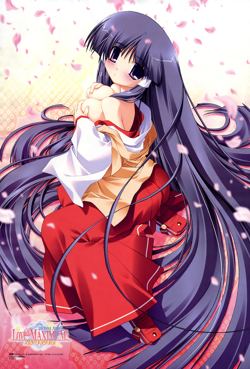absurdres ass back bangs black_hair blurry blush breasts breasts_outside copyright_name covering covering_breasts depth_of_field eyebrows_visible_through_hair from_side full_body gradient gradient_background hair_ornament hairclip hakama head_tilt heart highres hime_cut japanese_clothes kagura_(prism_ark) kimono logo long_hair long_sleeves looking_at_viewer looking_back medium_breasts miko no_bra off_shoulder oono_tetsuya parted_lips petals prism_ark prism_ark_love2_maximum! purple_eyes red_background red_hakama sandals scan sidelocks solo star straight_hair topless very_long_hair white_kimono white_legwear wide_sleeves yellow_background
