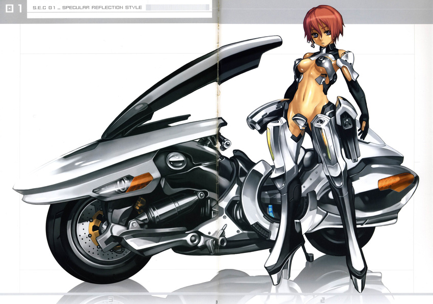 absurdres armor blue_eyes boots breasts elbow_gloves gloves ground_vehicle highres large_breasts midriff motor_vehicle motorcycle nagi_ryou navel red_hair reflection s.e.c_01_specular_reflection scan scan_artifacts short_hair solo underboob