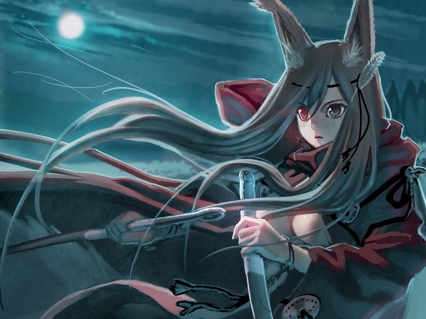 animal_ears bad_id bad_pixiv_id breasts copyright_request heterochromia knife large_breasts long_hair moon night sanbasou solo sword weapon wind