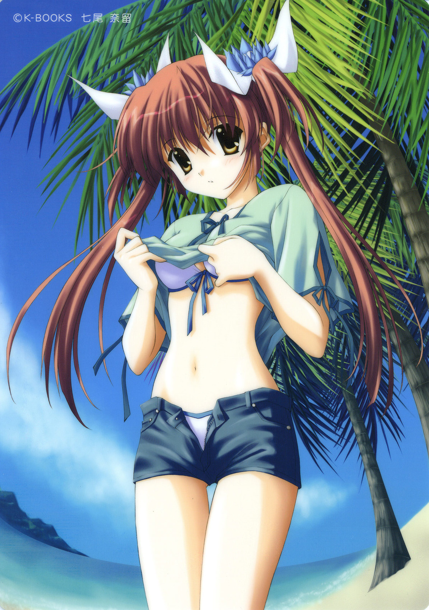 beach bikini bikini_under_clothes brown_hair copyright_request day highres nanao_naru outdoors red_hair shirt_lift solo swimsuit swimsuit_under_clothes twintails undressing unzipped yellow_eyes