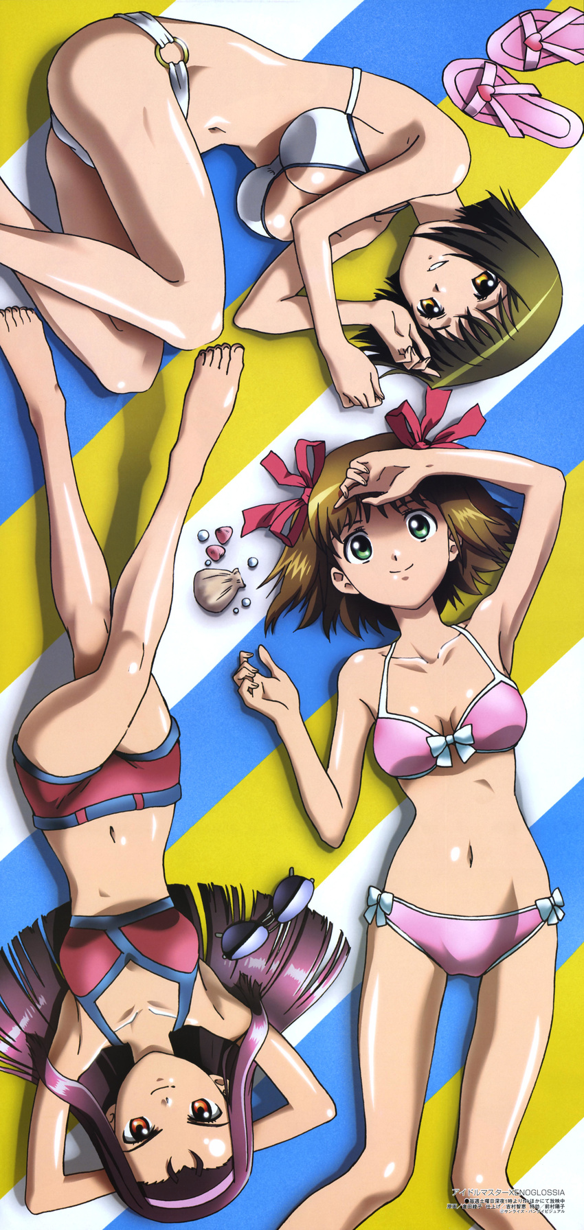:d absurdres amami_haruka arm_up armpits arms_behind_head arms_up ass bangs barefoot bikini black_hair bob_cut bow breasts brown_hair cleavage crossed_legs eyewear_removed feet fetal_position flat_chest foreshortening from_above green_eyes grin hagiwara_yukiho hair_bow hairband heart highres idolmaster idolmaster_xenoglossia kurata_ayako large_breasts leg_up legs long_hair long_legs looking_at_viewer lying megami minase_iori multiple_girls navel non-web_source o-ring o-ring_bottom o-ring_top official_art on_back on_side open_mouth outdoors red_eyes sandals scan seashell shading_eyes shadow shell shiny shiny_hair shiny_skin shoes_removed short_hair sitting smile sports_bikini striped sunglasses swimsuit toe-point towel white_bikini yellow_eyes