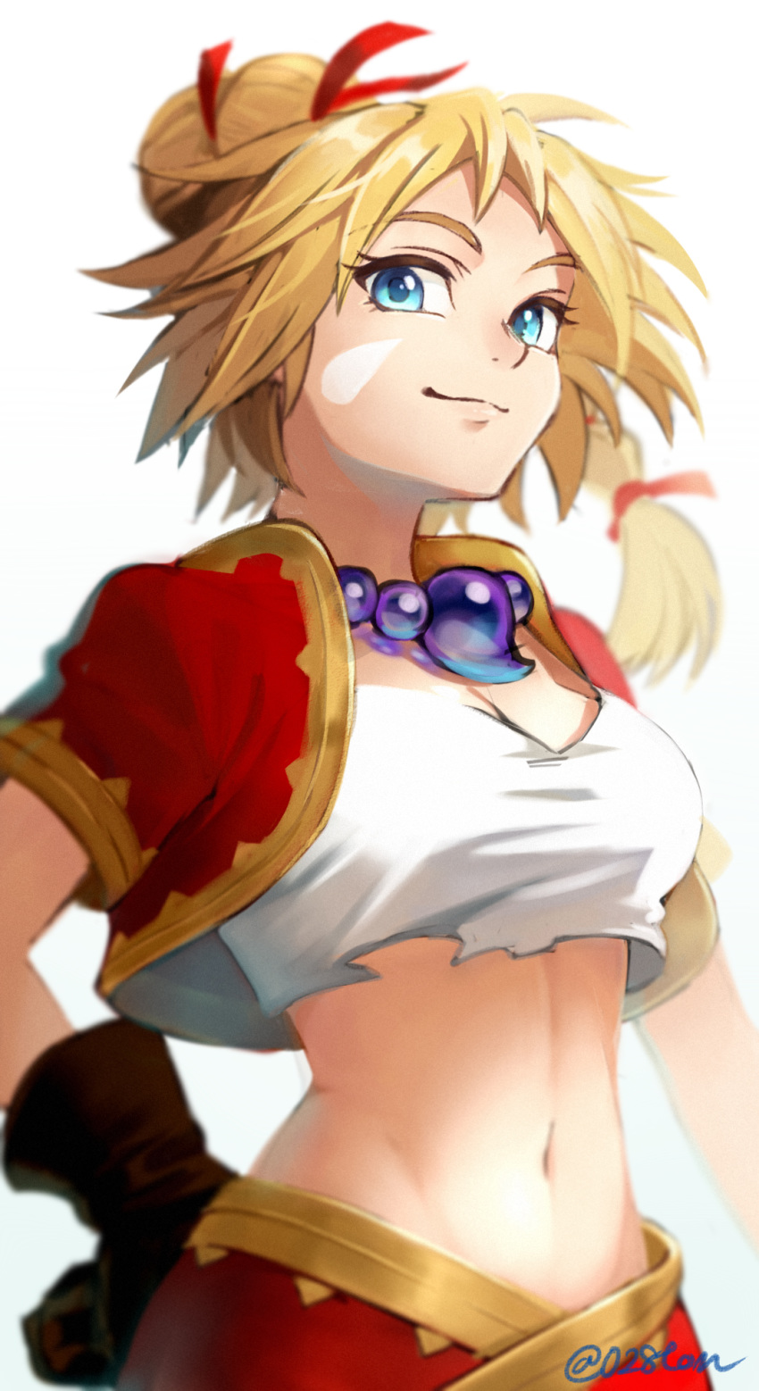 1girl bead_necklace beads blonde_hair blue_eyes blurry breasts brown_gloves chrono_cross cleavage cowboy_shot depth_of_field facepaint gloves hair_ribbon hand_on_hip highres jacket jewelry kid_(chrono_cross) leather leather_gloves looking_at_viewer medium_breasts medium_hair midriff navel necklace otton ponytail ribbon short_sleeves simple_background smile solo spiked_hair strapless tubetop twitter_username white_background
