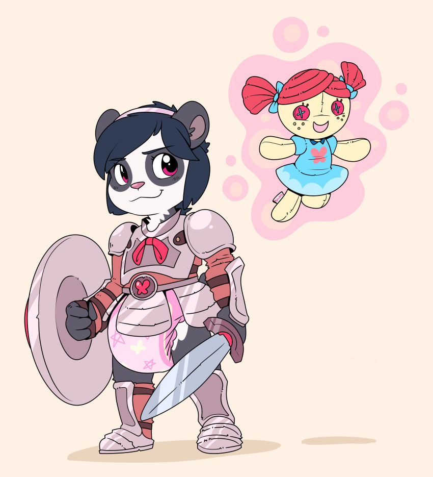 armor cuddlehooves diaper female living_plush looking_at_viewer mammal melee_weapon panda shield simple_background smile sword ursine weapon white_background young