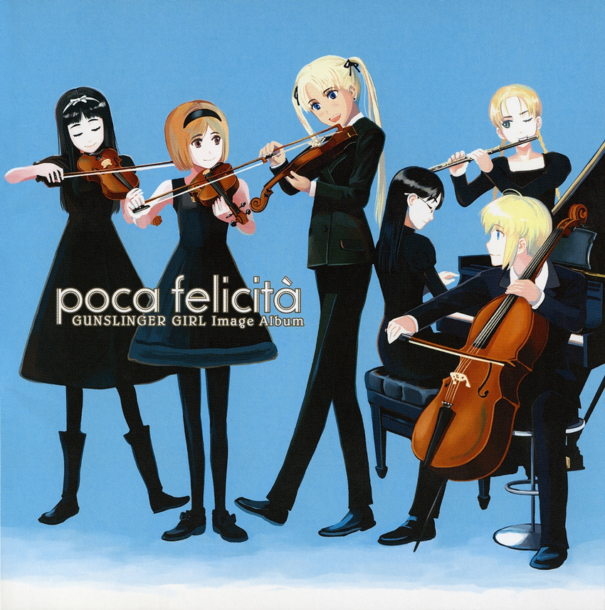 angelica_(gunslinger_girl) blonde_hair bob_cut cello claes elsa_de_sica flute formal grand_piano gunslinger_girl henrietta_(gunslinger_girl) highres instrument multiple_girls pant_suit pantyhose piano piano_bench rico_(gunslinger_girl) scan sound_horizon suit triela yokoyan