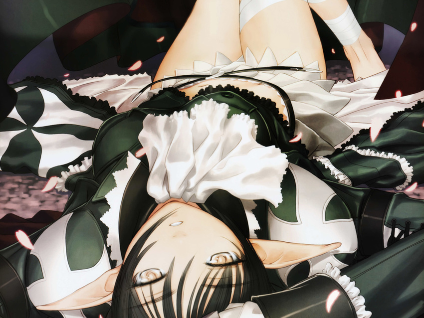 ascot bandages black_hair elf gloves highres legs long_hair lying midriff on_back petals pointy_ears shining_(series) shining_wind skirt solo tanaka_takayuki wallpaper xecty_ein yellow_eyes