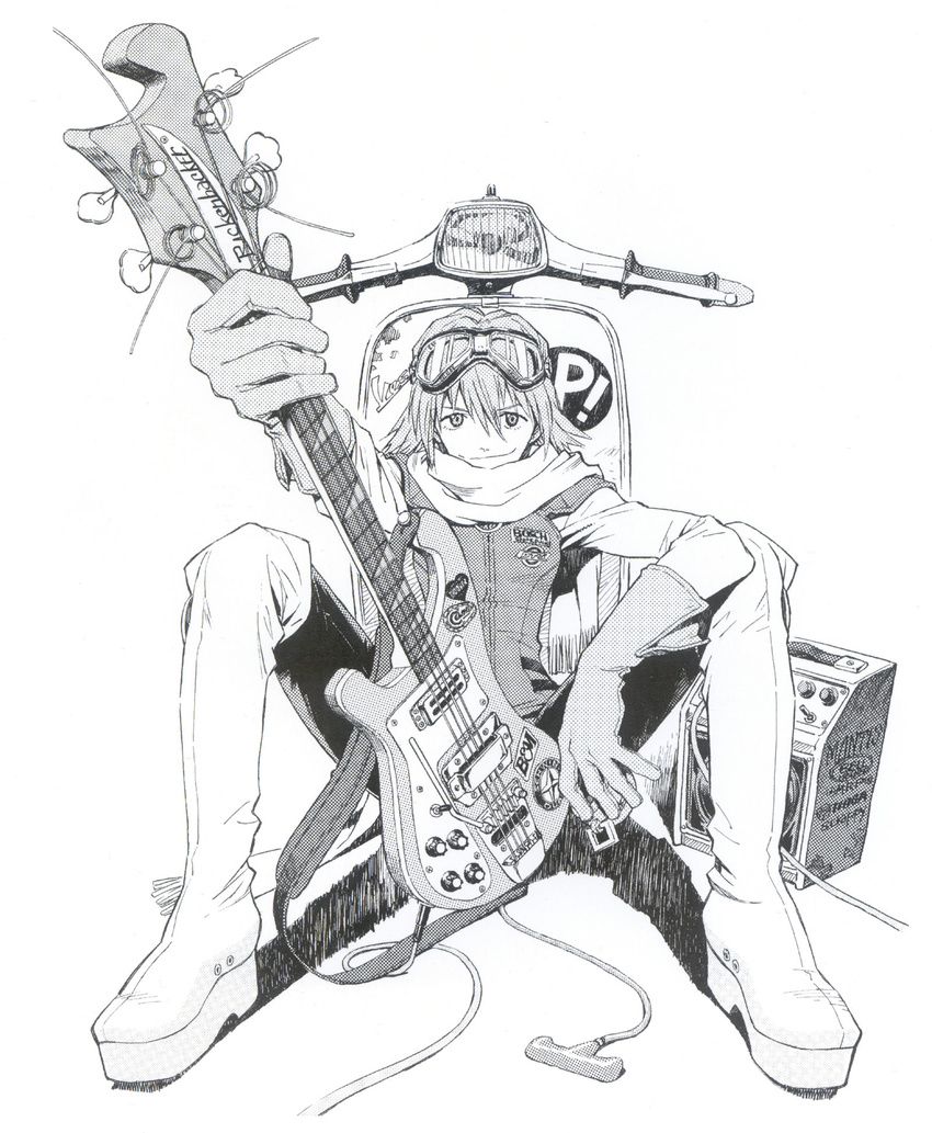 artist_request bass_guitar boots flcl goggles goggles_on_head greyscale haruhara_haruko highres instrument monochrome rickenbacker solo
