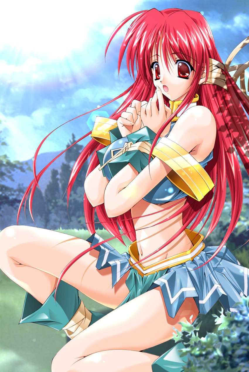 :o ankle_boots asuka_keisuke bare_shoulders belt blue_sky blush boots cecil_(lunar_wing) day feet_out_of_frame finger_to_mouth highres light_rays long_hair looking_at_viewer lunar_wing miniskirt outdoors parted_lips pleated_skirt red_eyes red_hair sitting skirt sky solo sunlight thighs very_long_hair