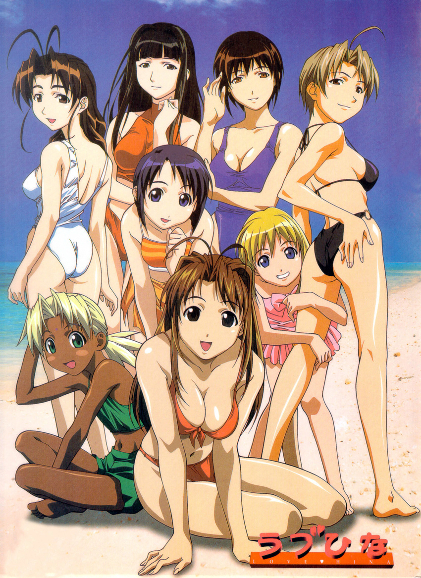 aoyama_motoko artist_request beach bikini bob_cut highres kaolla_su konno_mitsune love_hina maehara_shinobu multiple_girls narusegawa_naru ocean one-piece_swimsuit otohime_mutsumi sarah_mcdougal striped striped_bikini swimsuit urashima_haruka