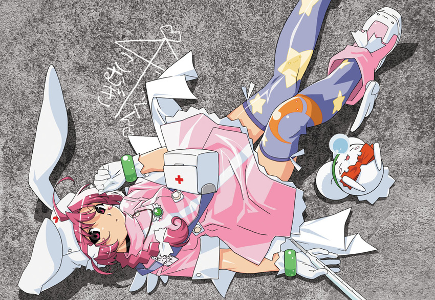ahoge animal_ears animal_hat ankle_boots artist_request blush_stickers boots bow bracelet braid bunny_ears gloves hair_bow hat jewelry looking_up lying mugimaru nakahara_komugi necklace nose_bubble nurse_witch_komugi-chan pink_eyes pink_hair pouch print_legwear purple_legwear shoes sleeping snot solo thighhighs white_gloves winged_shoes wings