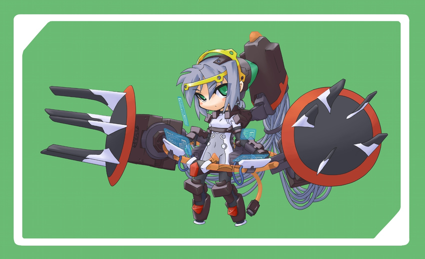 chibi claw_(weapon) full_body green_background green_eyes huge_weapon looking_at_viewer machinery mecha_musume mof original simple_background solo standing weapon