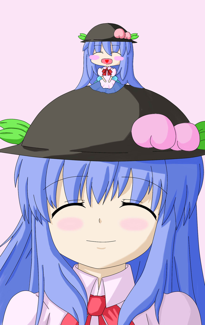 b.leaf blush_stickers chibi chibi_on_head food fruit happy hat heart heart_in_mouth highres hinanawi_tenshi minigirl on_head peach touhou