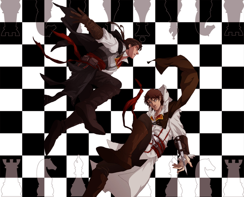 assassin's_creed_(series) assassin's_creed_ii blade board_game brown_eyes brown_hair cape chess daltucia ezio_auditore_da_firenze federico_auditore_da_firenze hidden_blade highres hood long_hair male_focus multiple_boys ponytail scar siblings vambraces weapon