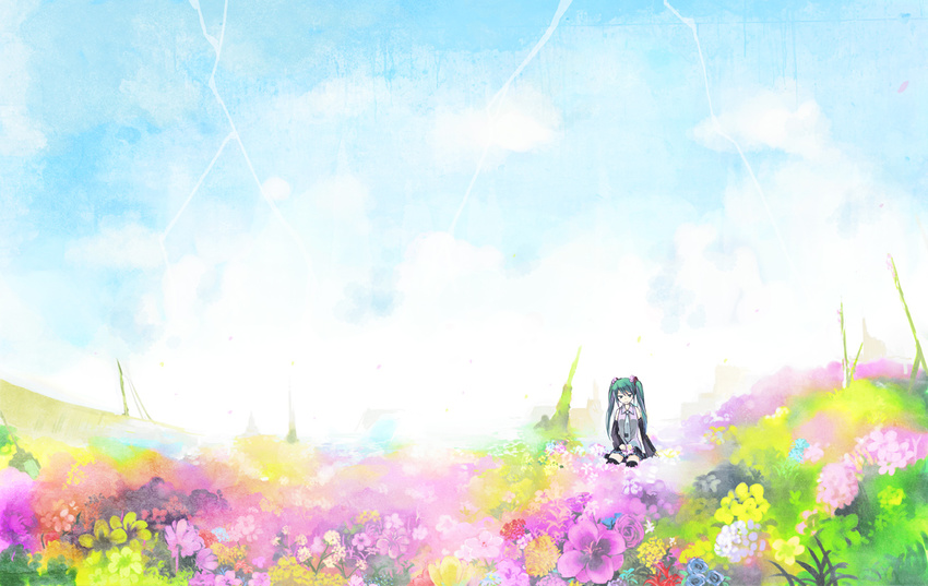 colorful day field flower flower_field green_hair hatsune_miku long_hair nonaka_yuu sitting sky smile solo vocaloid wariza