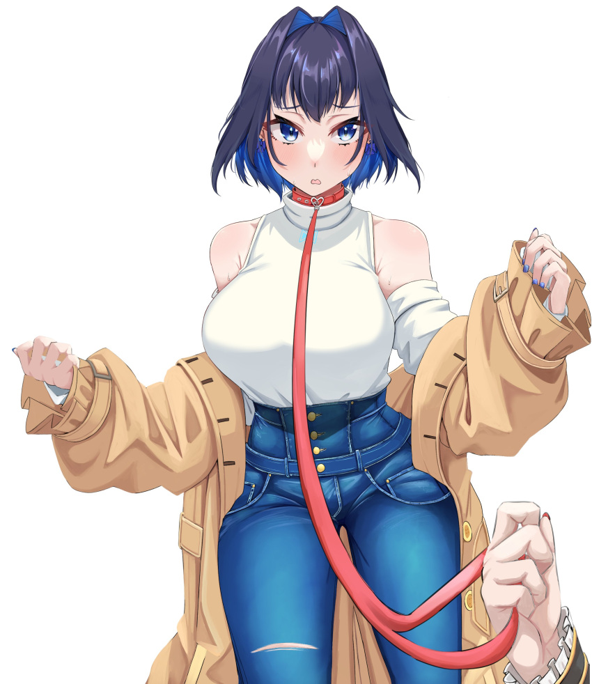 2girls absurdres akai_haato akai_haato_(5th_costume) black_hair blue_hair blue_pants blush breasts brown_jacket collar colored_inner_hair detached_sleeves highres hololive hololive_english jacket large_breasts leash looking_at_viewer mmneko multicolored_hair multiple_girls official_alternate_costume ouro_kronii ouro_kronii_(3rd_costume) pants red_collar shirt short_hair sleeveless sleeveless_shirt viewer_holding_leash virtual_youtuber white_background white_shirt white_sleeves