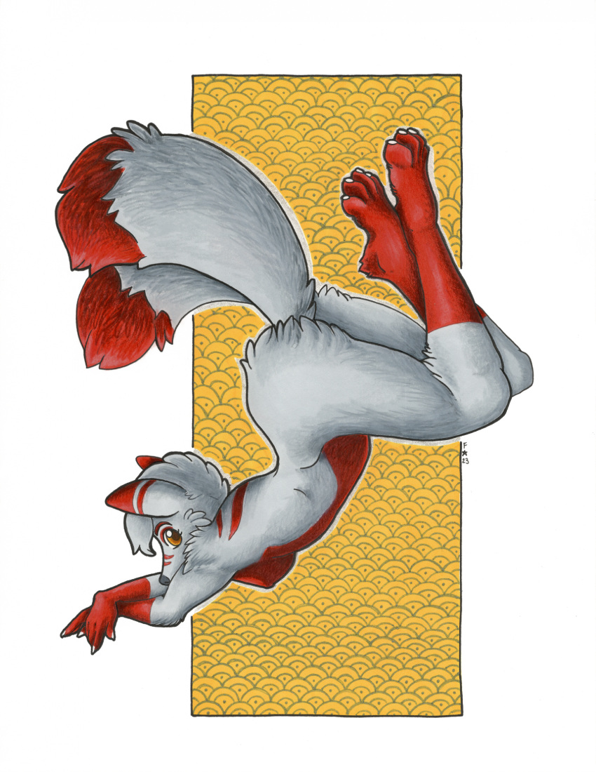 2023 2_tails anthro breasts butt canid canine dipstick_ears dipstick_tail female fox foxene fur gloves_(marking) hi_res leg_markings looking_at_viewer mammal markings multi_tail multicolored_ears nipples nude socks_(marking) solo tail tail_markings white_body white_fur yellow_eyes