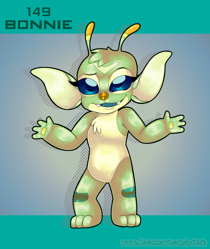 2023 3_toes 4_fingers alien antennae_(anatomy) anthro biped bonnie_(lilo_and_stitch) character_name chest_tuft cute_fangs digital_drawing_(artwork) digital_media_(artwork) disney experiment_(lilo_and_stitch) eyebrows eyelashes facial_markings feet female fingers forehead_markings front_view fur green_body green_fur head_markings head_tuft hi_res leg_markings lilo_and_stitch looking_at_viewer markings multicolored_antennae naitoh pawpads raised_eyebrow solo standing teal_tongue text toes tongue tuft url yellow_body yellow_fur yellow_pawpads
