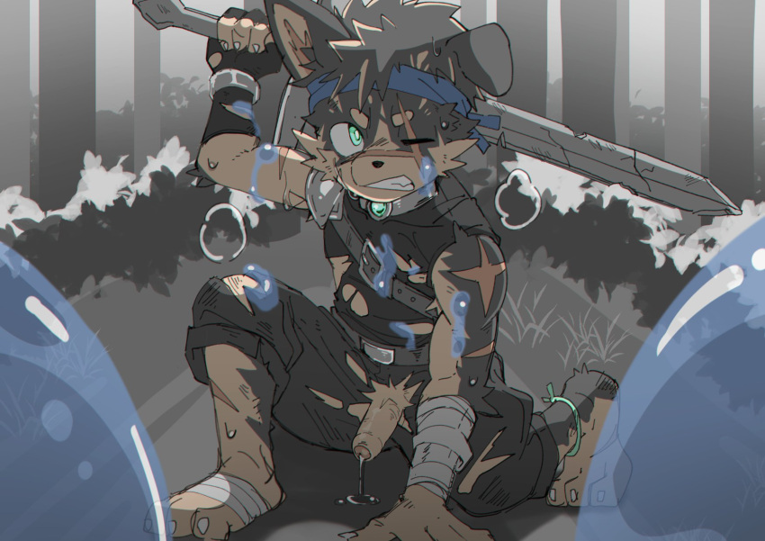 anthro athletic athletic_male bodily_fluids canid canine canis clothing domestic_dog genital_fluids genitals hi_res leeksaltboy male mammal melee_weapon one_eye_closed penis precum scar solo sword torn_clothing weapon wet xiaozhuang_(leeksaltboy)