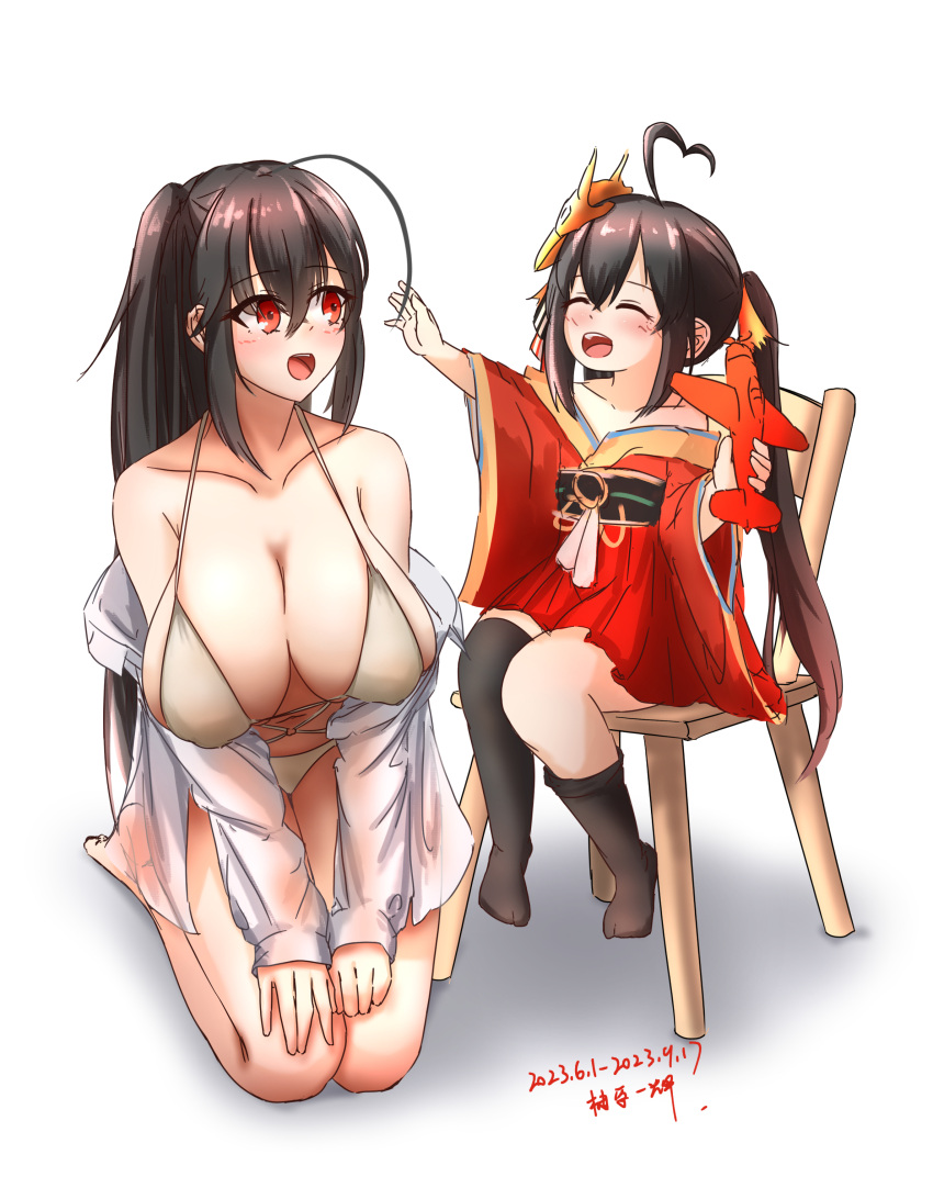 2girls :d absurdres ahoge asymmetrical_legwear azur_lane bare_shoulders bikini black_hair black_socks blush breasts child cleavage closed_eyes collarbone criss-cross_straps dated hair_between_eyes heart heart_ahoge highres holding holding_toy huge_breasts japanese_clothes kimono kimono_skirt kneeling large_breasts long_hair mismatched_legwear multiple_girls official_alternate_costume on_chair one_side_up red_eyes red_kimono signature single_thighhigh sitting smile socks string_bikini swimsuit taihou-chan_(azur_lane) taihou_(azur_lane) taihou_(seaside_daydreams)_(azur_lane) thighhighs toy toy_airplane twintails very_long_hair white_bikini yuzuhara1017