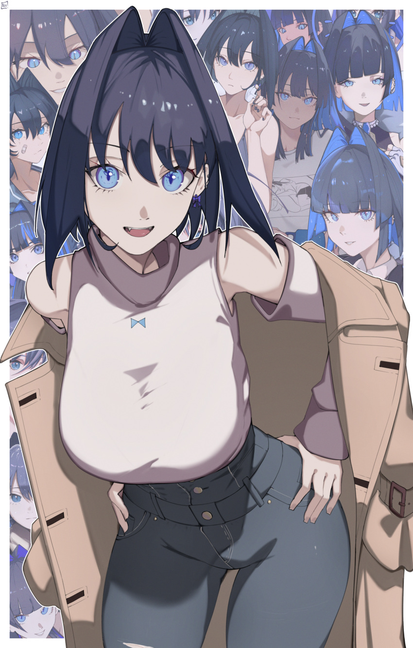 1girl absurdres bare_shoulders black_hair blue_eyes blue_hair blue_pants bow bow_earrings breasts brown_coat choppy_bangs coat colored_inner_hair commentary contrapposto denim detached_sleeves earrings english_commentary eyelashes fangs hair_intakes hands_on_own_hips hanging_breasts high-waist_pants highres hololive hololive_english jeans jewelry large_breasts leaning_forward long_sleeves looking_at_viewer multicolored_hair multiple_views o22no official_alternate_costume open_mouth ouro_kronii ouro_kronii_(3rd_costume) pants self_borrowed_hairstyle shirt short_hair sleeveless sleeveless_turtleneck slit_pupils smile taut_clothes taut_shirt thigh_gap torn_clothes torn_jeans torn_pants trench_coat turtleneck virtual_youtuber white_shirt wide_hips
