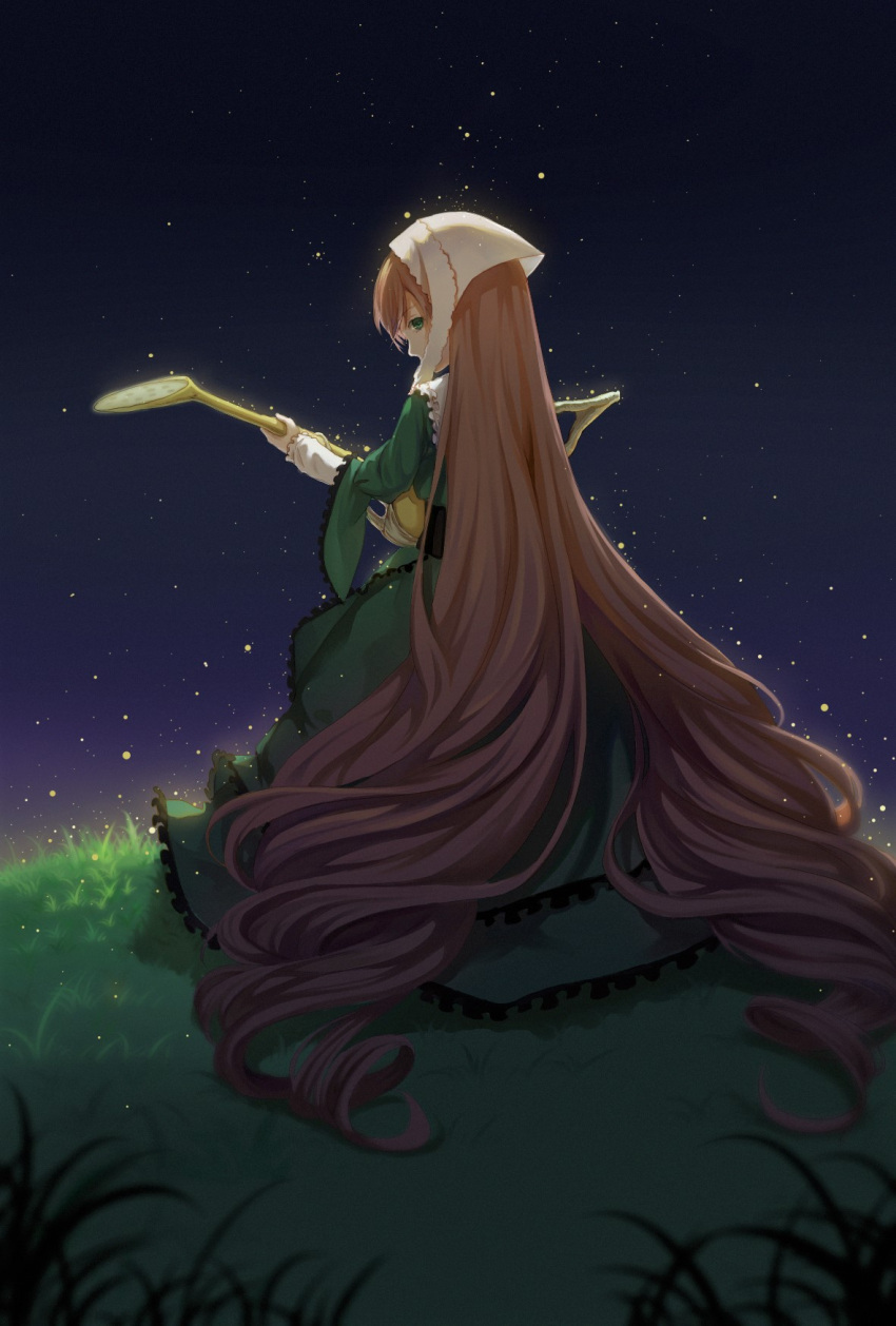 1girl brown_hair commentary_request dress drill_hair frilled_dress frills full_body grass green_dress green_eyes guang_nian head_scarf highres hill holding holding_watering_can long_dress long_hair long_sleeves looking_at_viewer looking_back medium_bangs rozen_maiden sky solo standing star_(sky) starry_sky suiseiseki twin_drills very_long_hair watering_can white_headwear