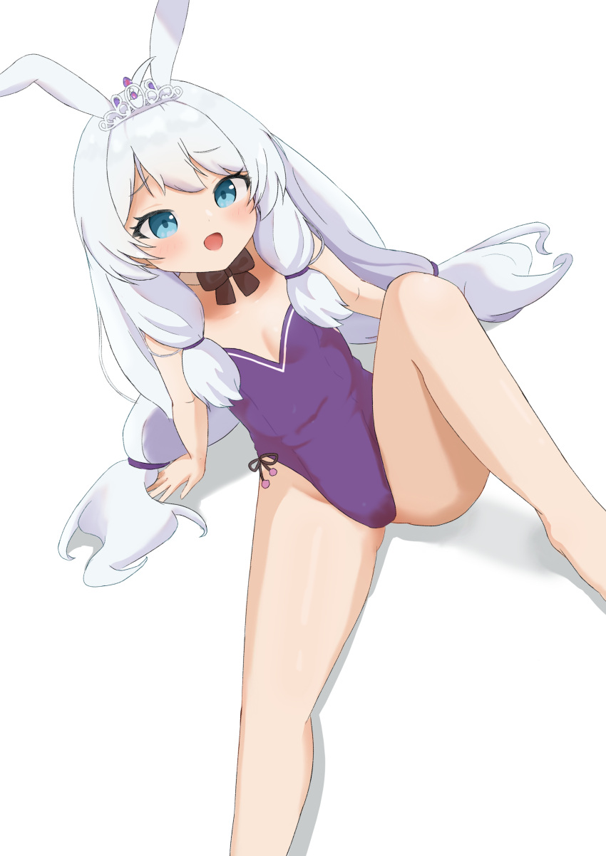 1girl absurdres ahoge animal_ears arm_support arms_at_sides bare_arms bare_legs black_bow black_bowtie blue_eyes blue_leotard blush bow bowtie breasts cleavage covered_navel dodo24850918 eyelashes feet_out_of_frame from_above grey_hair groin highres knee_up leaning_back leotard long_hair looking_at_viewer low_twintails open_mouth playboy_bunny rabbit_ears shadow sidelocks simple_background sitting small_breasts smile solo soulworker spread_legs stella_unibell swept_bangs tiara twintails white_background