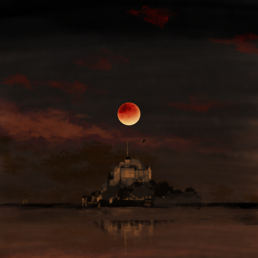 cloud commentary_request highres kaigen_1025 moon night no_humans red_moon reflection reflective_water scarlet_devil_mansion scenery tagme touhou water