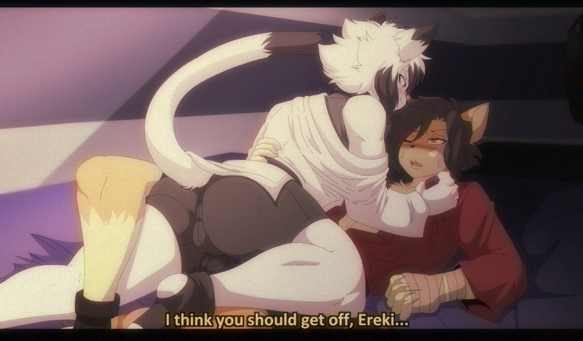 anthro anthro_on_anthro biped bulge butt clothed clothing dipstick_tail domestic_cat duo english_text ereki_kagami felid feline felis hair intraspecies male male/male mammal markings munkeesgomu munks_(munkeesgomu) tail tail_markings text
