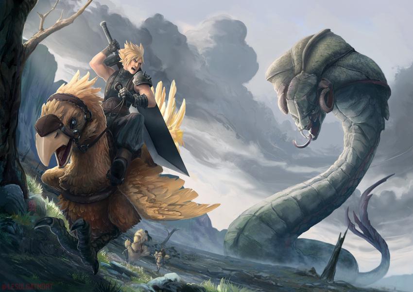 armor baggy_pants barret_wallace blonde_hair buster_sword chocolate cloud cloud_strife cloudy_sky commentary english_commentary final_fantasy final_fantasy_vii grey_sky holding holding_reins holding_sword holding_weapon huge_weapon lesoldatmort looking_back monster mountainous_horizon open_mouth outdoors pants reins riding_bird scenery short_hair shoulder_armor single_bare_shoulder size_difference sky spiked_hair sweater sword tifa_lockhart turtleneck turtleneck_sweater weapon
