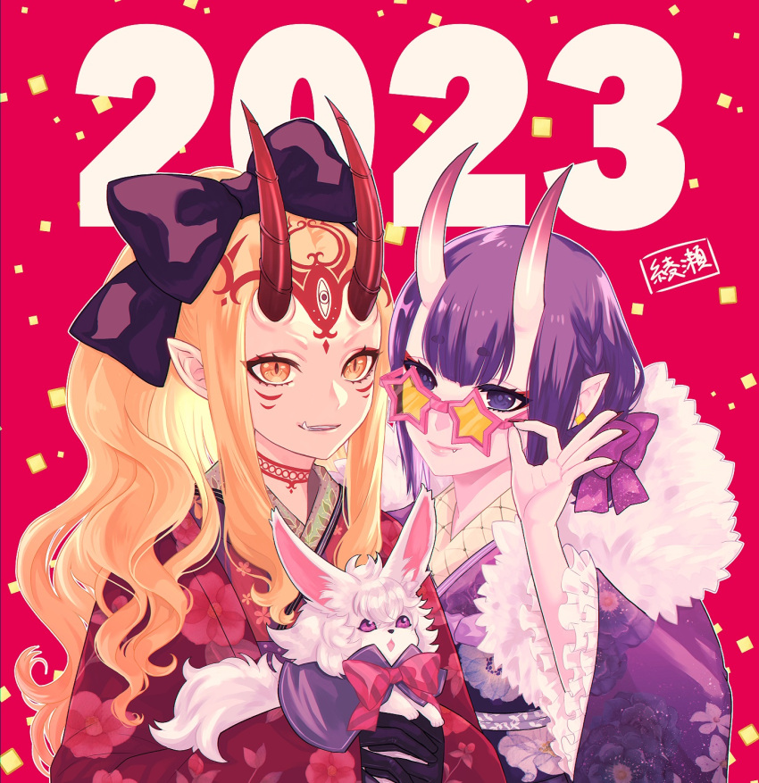 2023 2girls adjusting_eyewear black_bow black_gloves blonde_hair bow commentary_request creature earrings facial_mark fang fate/grand_order fate_(series) floral_print forehead_mark fou_(fate) frilled_sleeves frills fur_collar gloves hair_bow highres hizuki_aya horns ibaraki_douji_(fate) japanese_clothes jewelry kimono long_hair looking_at_viewer multiple_girls new_year oni oni_horns pointy_ears purple_eyes purple_hair purple_kimono red_kimono short_hair shuten_douji_(fate) skin-covered_horns smile star-shaped_eyewear stud_earrings sunglasses upper_body yellow_eyes