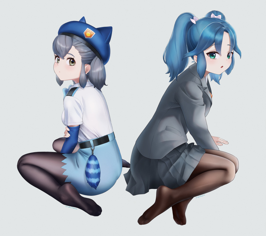 2girls aged_down alternate_costume beleven beret black_pantyhose blue_bow blue_bowtie blue_eyes blue_hair blue_headwear blue_skirt blue_sleeves blush bow bowtie coat collared_shirt detached_sleeves feet green_eyes grey_coat grey_hair grey_skirt hair_bow hat high-waist_skirt highres hikari_(kemono_friends) kako_(kemono_friends) kemono_friends kemono_friends_3 legs long_sleeves looking_at_viewer looking_back multiple_girls no_shoes pantyhose pleated_skirt school_uniform shirt short_hair short_sleeves short_twintails sidelocks sitting skirt soles solo toes twintails wariza white_bow white_shirt yokozuwari