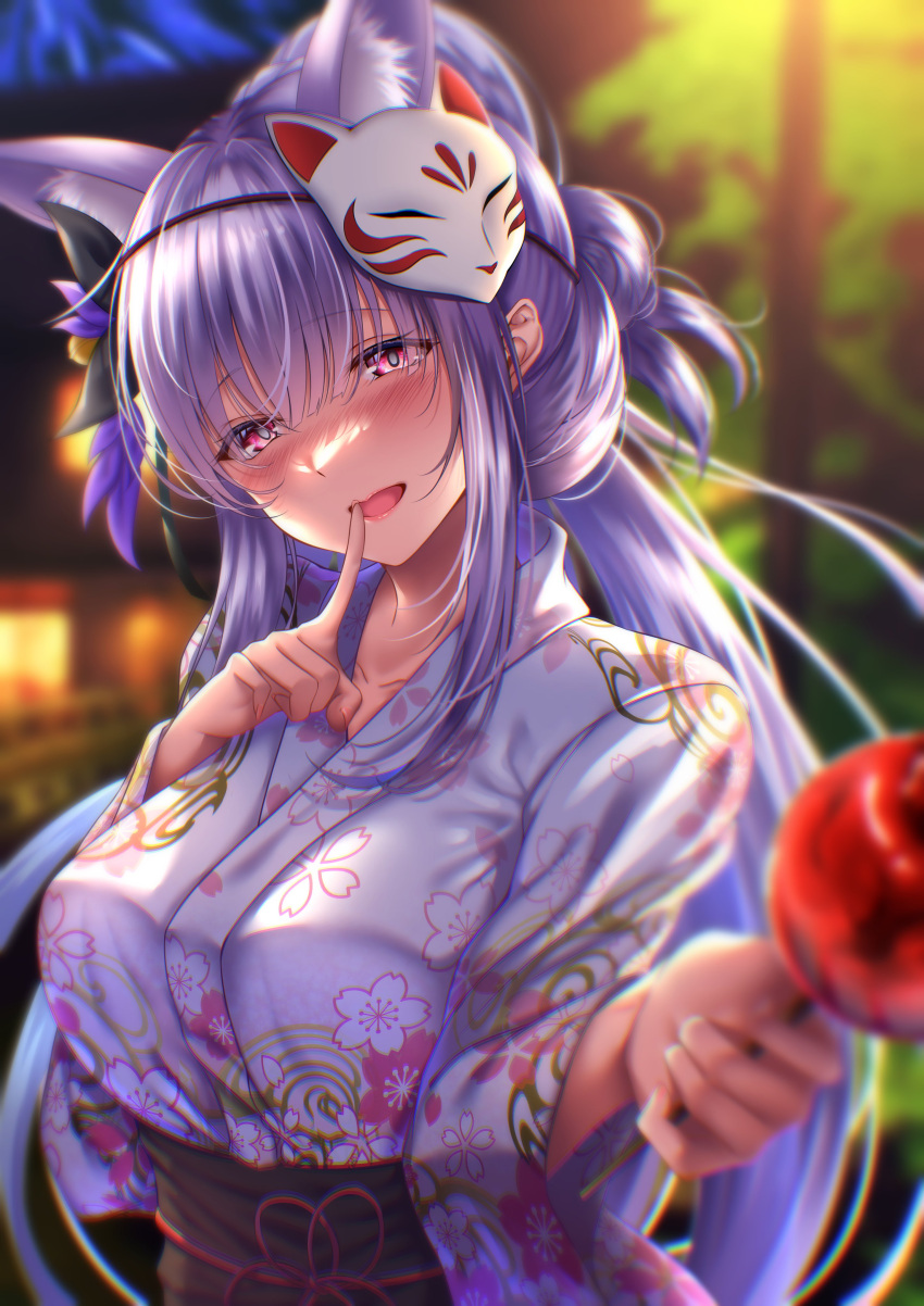 1girl absurdres animal_ear_fluff animal_ears blurry blurry_background blush breasts candy_apple depth_of_field finger_to_mouth floral_print flower food fox fox_ears fox_girl fox_mask hair_between_eyes hair_flower hair_ornament half-closed_eyes highres holding holding_food indie_virtual_youtuber japanese_clothes kamishiro_natsume kimono kitsune large_breasts long_hair long_sleeves looking_at_viewer mask mask_on_head obi open_mouth outdoors print_kimono purple_hair rairaisuruyo red_eyes sash sidelocks smile solo upper_body virtual_youtuber wide_sleeves yukata